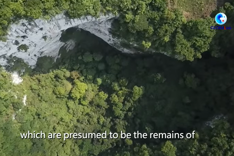 Tangkap layar lubang raksasa (sinkhole) ditemukan di Guangxi Zhuang China selatan sedalam 630 kaki (192 meter), dengan hutan purba tersembunyi yang subur dan flora purba di dalamnya.
