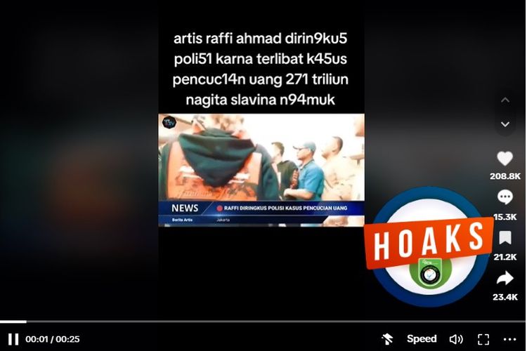 Capture d'écran TikTok, vidéo affirmant que Raffi Ahmad a été arrêté pour son implication dans une affaire de blanchiment d'argent d'un montant de 271 000 milliards IDR
