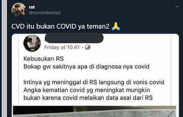 Tangkapan layar twit dari seseorang yang menyebut CVD bukanlah kode untuk penyakit Covid-19.
