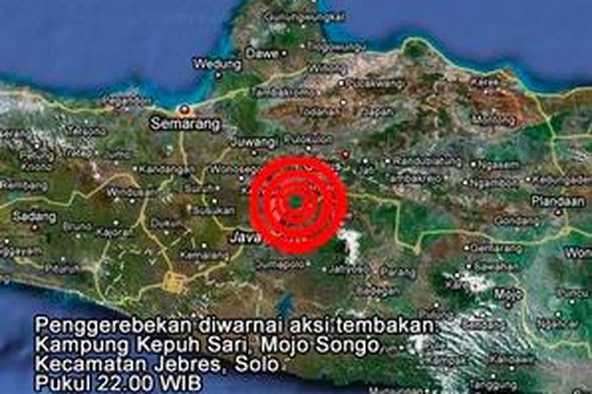 Lokasi penggerebekan yang diwarnai aksi tembakan di Kampung Kepuh Sari RT 3 RW 11, Kelurahan Mojo Songo, Kecamatan Jebres, Solo, Kamis (16/9) pukul 22.00.