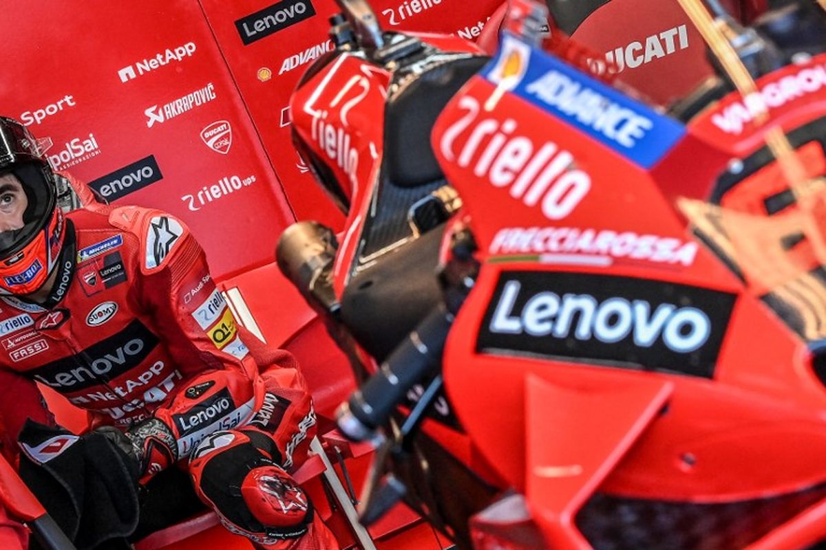 Ducati Italian rider Francesco Bagnaia sits in the box within the third free practice session ahead of the San Marino MotoGP Grand Prix at the Misano World Circuit Marco-Simoncelli on September 18, 2021 in Misano Adriatico, Italy. (Photo by ANDREAS SOLARO / AFP)