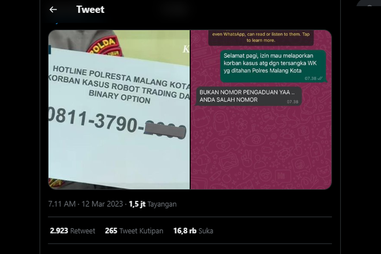 Nomor hotline Polresta Malang Kota salah satu angka.