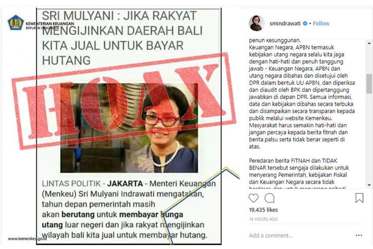 Berita hoaks yang menyangkut Menteri Kesehatan Sri Mulyani Indrawati.