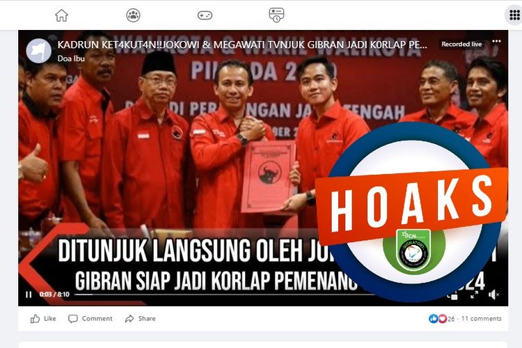 Tangkapan layar Facebook narasi yang menyebut bahwa Gibran ditunjuk oleh Jokowi dan Megawati untuk menjadi Korlap Pemenangan Ganjar di Pilpres 2024