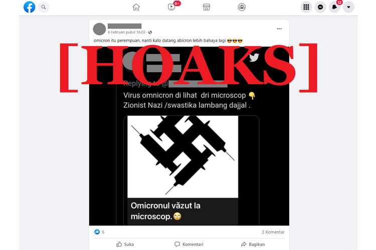 Tangkapan layar unggahan hoaks di sebuah akun Facebook, yang menyebut bahwa virus corona varian Omicron berbentuk lambang nazi atau swastika.