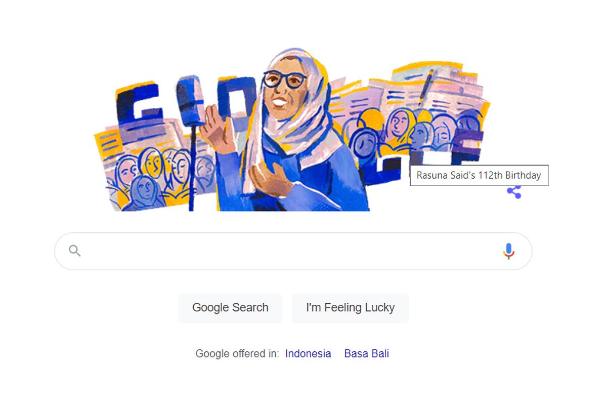 Tangkapan layar Google Doodle yang menampilkan sosok Hajjah Rangkayo Rasuna Said, hari ini, Rabu (14/9/2022).