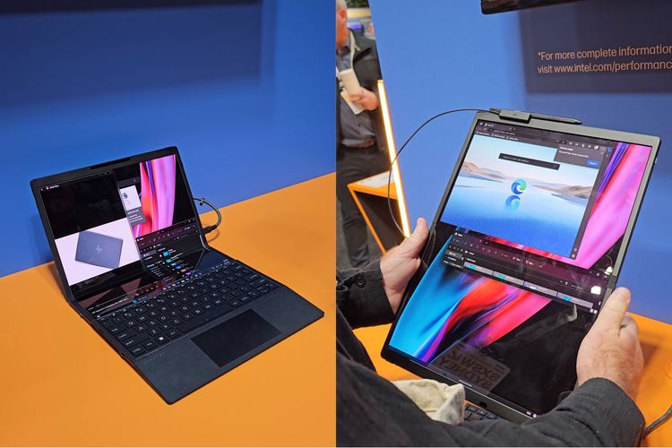 HP Spectre Fold dalam mode laptop extended (kiri( dan tablet (kanan).