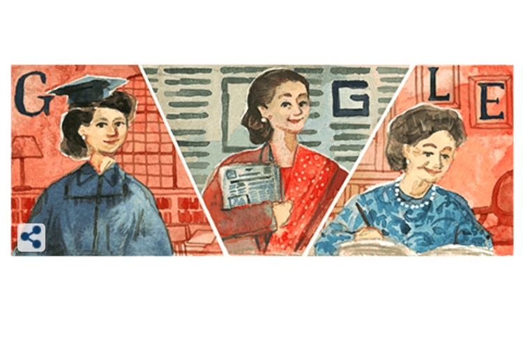 Tangkap layar Google Doodle 3 April 2022, yang menyematkan caption Ulang Tahun Ke-105 Ibu Siti Latifah Herawati Diah