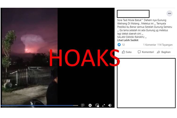 Tangkapan layar unggahan Facebook tentang hoaks Gunung Welirang erupsi