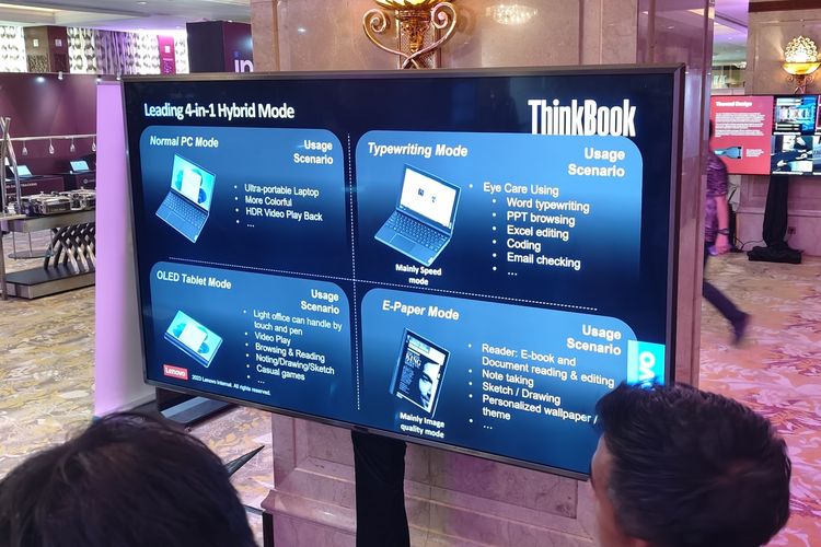 Layar sekunder Lenovo ThinkBoook Plus Twist dipamerkan dalam acara Lenovo Tech Day 2023 di Hotel Shangri-La, Jakarta Pusat, Kamis (31/8/2023).