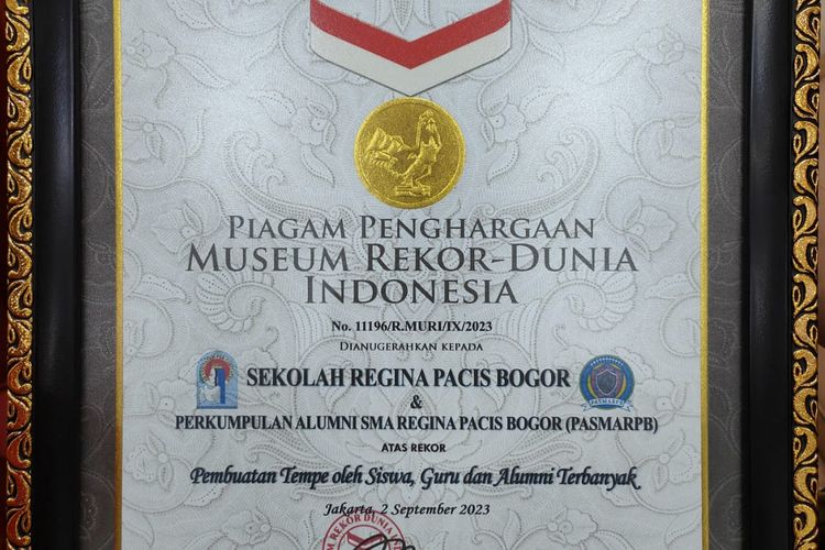 Pembuatan tempe oleh siswa, guru dan, alumni terbanyak di Sekolah Regina Pacis Bogor meraih rekor Museum Rekor-Dunia Indonesia (MURI) pada Sabtu (2/9/2023).