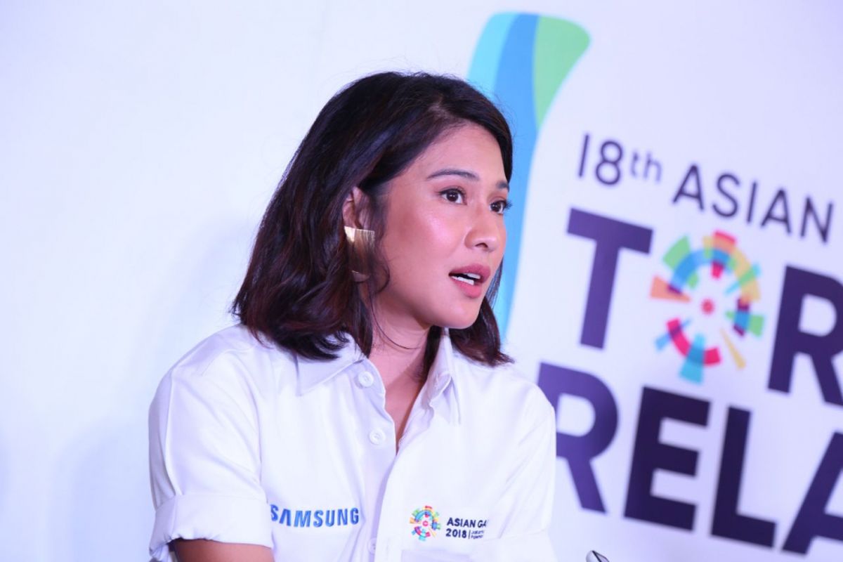 Dian Sastrowardoyo saat jumpa pers Samsung Galaxy Team Asian Games di Hotel Atlet Century, Jakarta Pusat, Rabu (11/7/2018).