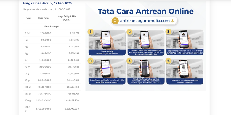 Tangkapan layar laman resmi Logam Mulia yang menunjukkan harga emas Antam hari ini, Rabu (18/2/2026) pukul 06.00 WIB. Harga emas Antam hari ini. Harga Antam hari ini.