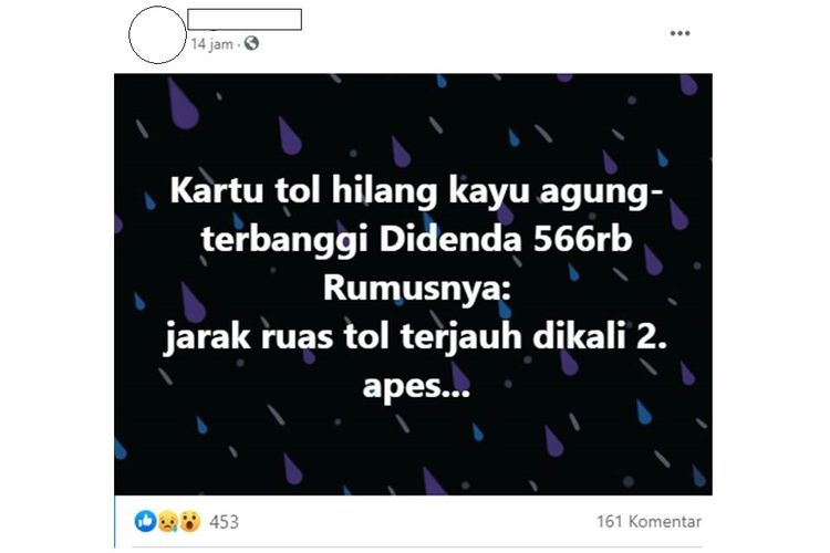 Tangkapan layar unggahan dari warganet soal keluh kesahnya setelah didenda Rp 566.000 akibat kehilangan kartu tol di Jalan Tol Trans Sumatera ruas Kayu Agung-Terbanggi.