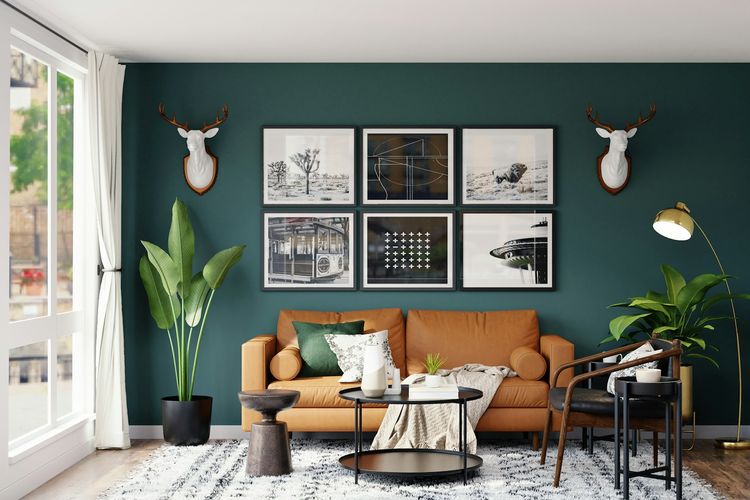 Ilustrasi ruang keluarga dengan warna cat hijau. 