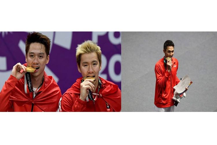 Pasangan Marcus Gideon/Kevin Sanjaya dan Jonatan Christie, peraih medali emas Asian Games 2018 untuk Indonesia dari cabang olahraga bulutangkis