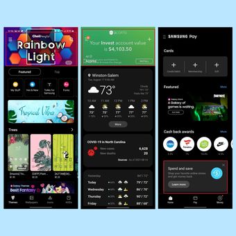 Ilustrasi iklan yang muncul di aplikasi bawaan Samsung di ponsel Galaxy, seperti di aplikasi Galaxy Themes, Samsung Weather, dan Samsung Pay.