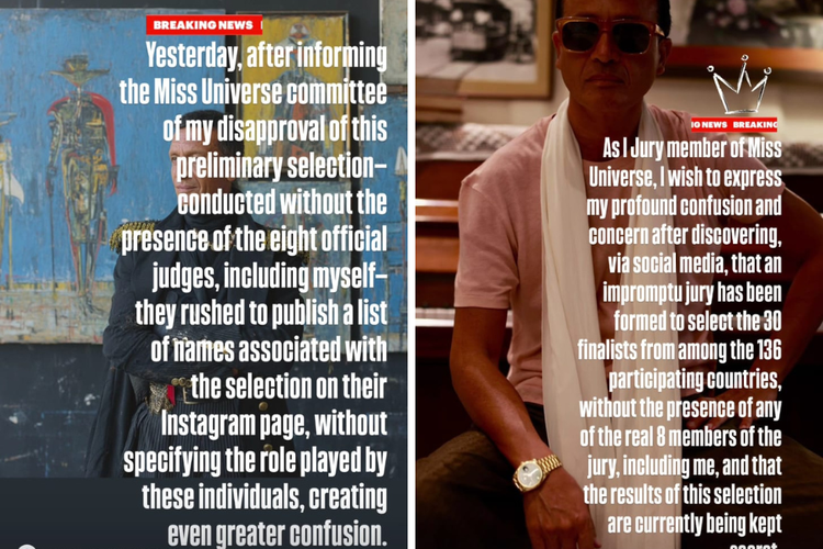 Tangkapan layar unggahan komponis Omar Harfouch, salah satu juri Miss Universe 2025 yang mengundurkan diri.