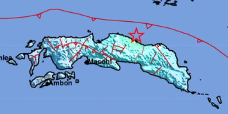 Data pusat gempa bumi di Laut Seram, Maluku akibat aktivitas Sesar Naik Utara Seram.