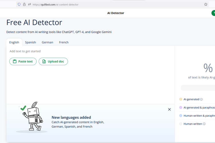 Fitur Quillbot untuk mendeteksi tulisan AI.