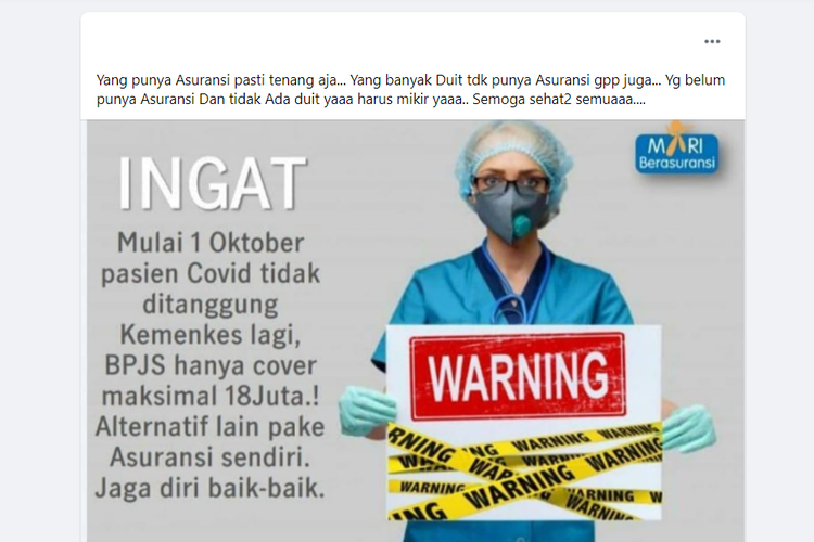 Tangkapan layar unggahan berisi informasi yang menyebut Kementerian Kesehatan (Kemenkes) tak lagi menanggung biaya perawatan pasien Covid-19 mulai 1 Oktober. Kemenkes menegaskan, informasi ini tidak benar.