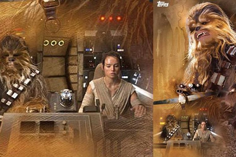 Salah satu poster film Star Wars: The Force Awakens menampilkan Chewbacca berada dalam kokpit Millennium Falcon bersama pilot baru yang menggantikan Han Solo, Rey.