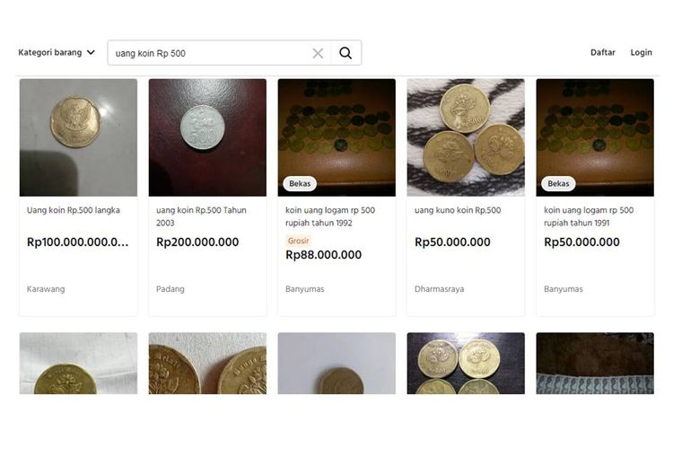 Tangkapan layar uang Rp 500 rupiah di salah satu marketplace yang dijual dengan harga Rp 100 miliar.