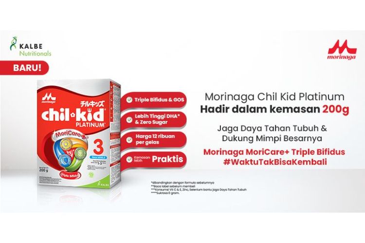 Morinaga Chil Kid Platinum kini hadir dalam kemasan 200 g.