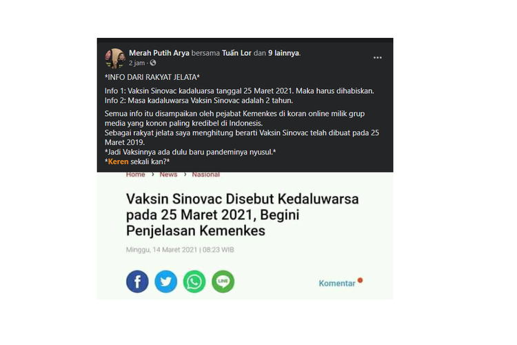 Tangkapan layar narasi yang menyebut vaksin Sinovac sudah dibuat dua tahun lalu atau sebelum pandemi