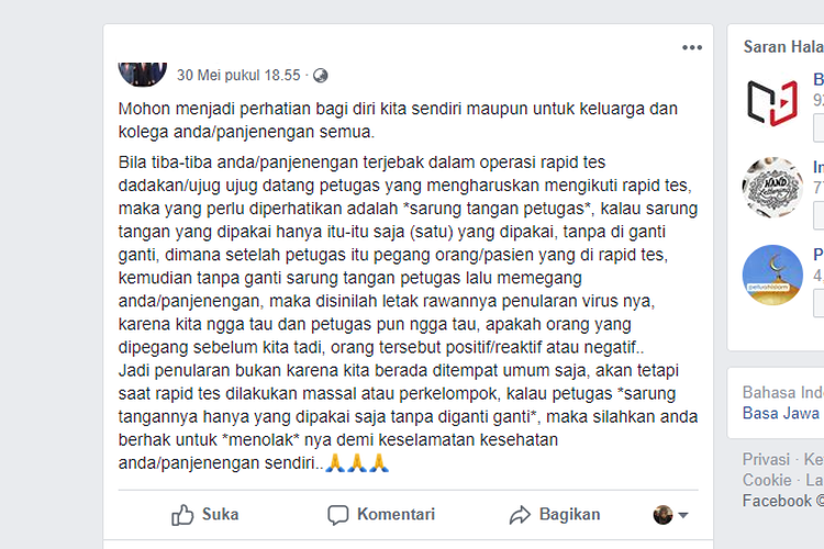 Viral informasi soal peringatan agar berhati-hati saat rapid test karena petugas tak mengganti sarung tangan. Ada yang perlu diluruskan dari informasi ini.