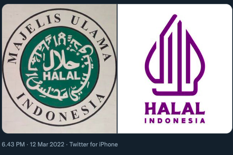 Logo halal yang sebelumnya dari MUI (kiri) dan logo halal yang baru dirilis Kemenag RI (kanan). logo halal, MUI adalah ormas Islam. 