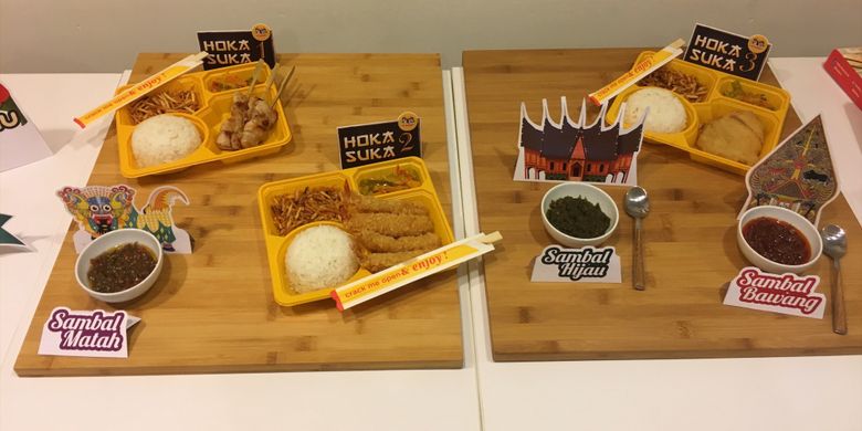 Menu baru dari Hokben, terdiri dari makanan Jepang dan makanan khas Indonesia. Ada paket Hoka Suka dan aneka sambal khas Indonesia, Jakarta, Selasa (20/2/2018).