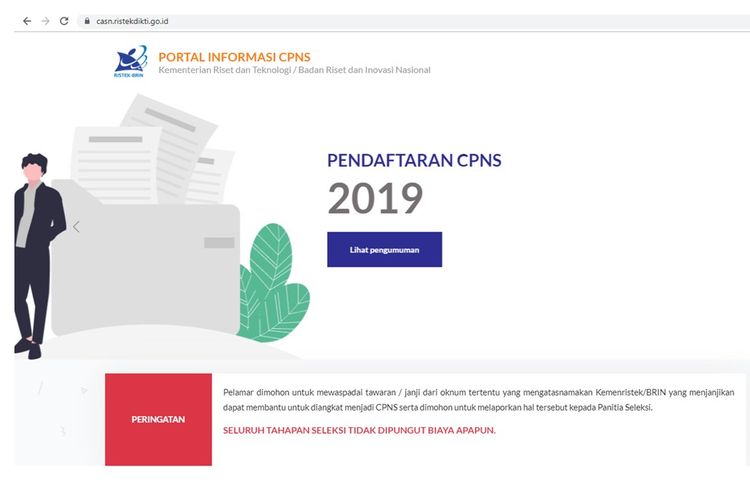 Tampilan awal portal informasi CPNS Kemenristek/BRIN
