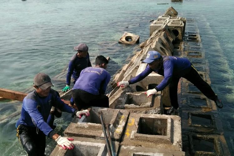 Petugas Dinas Sumber Daya Air Kabupaten Kepulauan Seribu memperbaiki tanggul pemecah air di sisi barat Pulau Pramuka yang roboh akibat diterjang ombak dan air pasang.