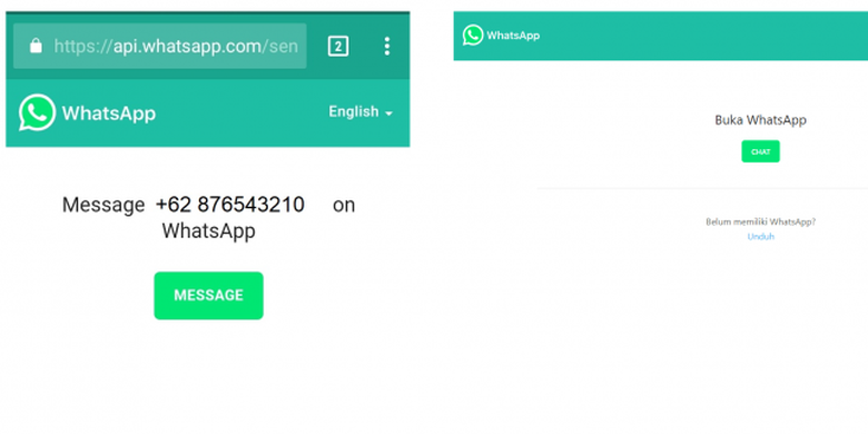 Fitur domain WhatsApp di smartphone Android (kiri) dan WhatsApp versi web (kanan).