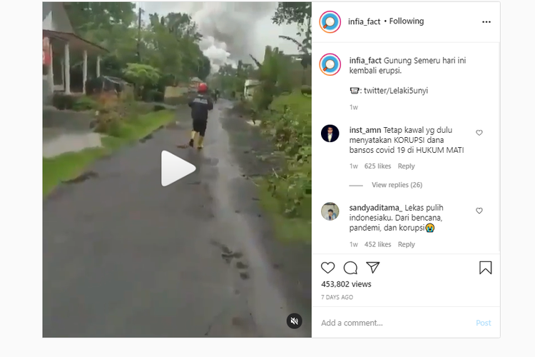 Video yang mengklaim kembali terjadi erupsi Gunung Semeru pada 6 Desember 2020. Faktanya, bukan erupsi. Narasi pada video ini keliru.