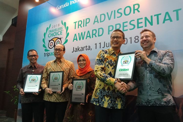 Garuda Indonesia dan Citilink mendapat penghargaan Trip Advisor 2018 Travellers Chice Award untuk beberapa kategori, di Jakarta, Rabu (11/7/2018).