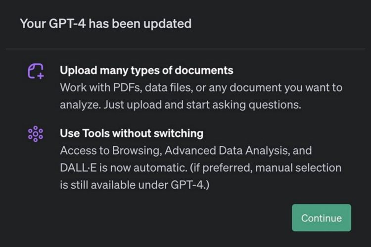 Pengguna ChatGPT Plus (GPT-4) dapat fitur baru, yakni bisa menganalisis file PDF dan format dokumen lainnya dan menggunakan mode ChatGPT secara otomatis.
