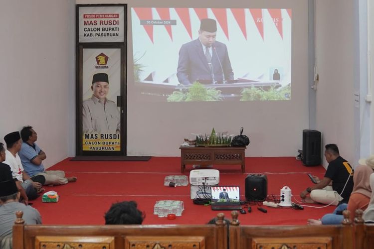 Paslon Bupati Pasuruan Rusdi - Shobih menggelar nonton bersama pelantikan Presiden - Wakil Presiden terpilih Prabowo Subianto - Gibran Rakabuming Raka di Kantor DPC Gerindra Kabupaten Pasuruan, Minggu (20/10/2024) 