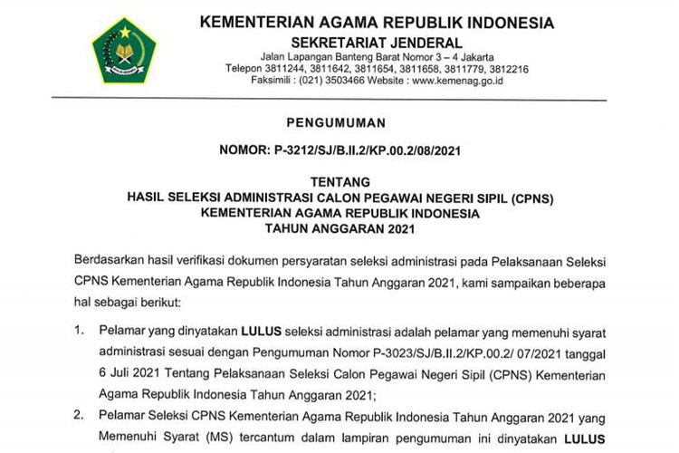 Tangkapan layar pengumuman hasil seleksi administrasi CPNS Kemenag 2021