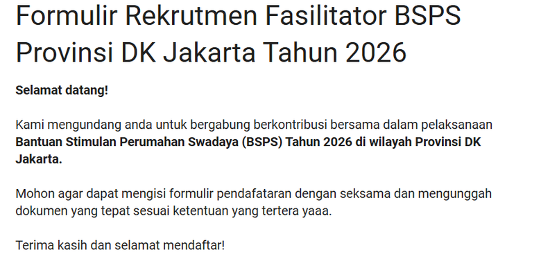 Tangkapan layar formulir pendaftaran rekrutmen BSPS DKI Jakarta 2026 di bawah Kementerian PKP.