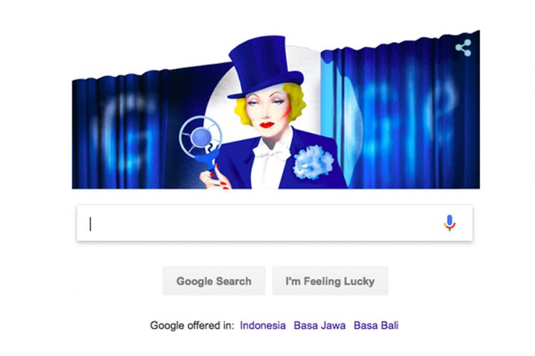 Marlene Dietrich dalam Google Doodle hari Rabu, 27 Desember 2017.