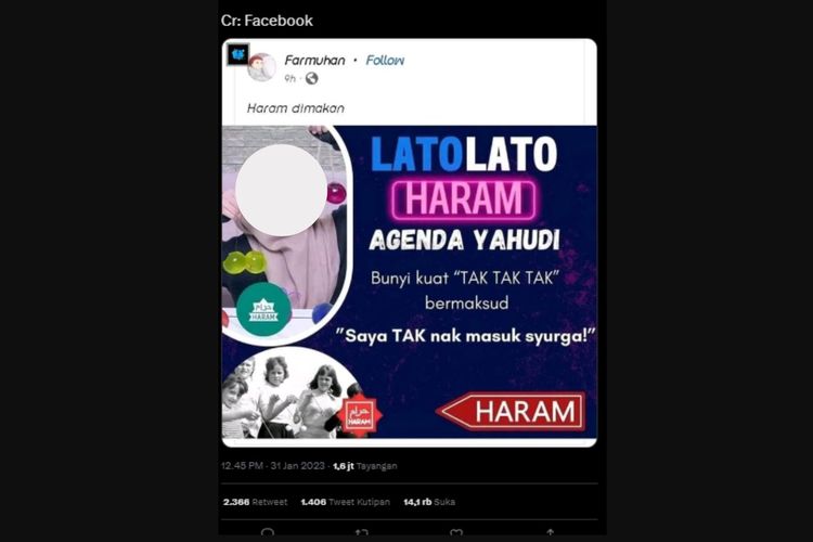 Sebuah unggahan di Twitter menunjukkan bahwa permainan lato-lato dinilai haram karena mengandung unsur Yahudi.