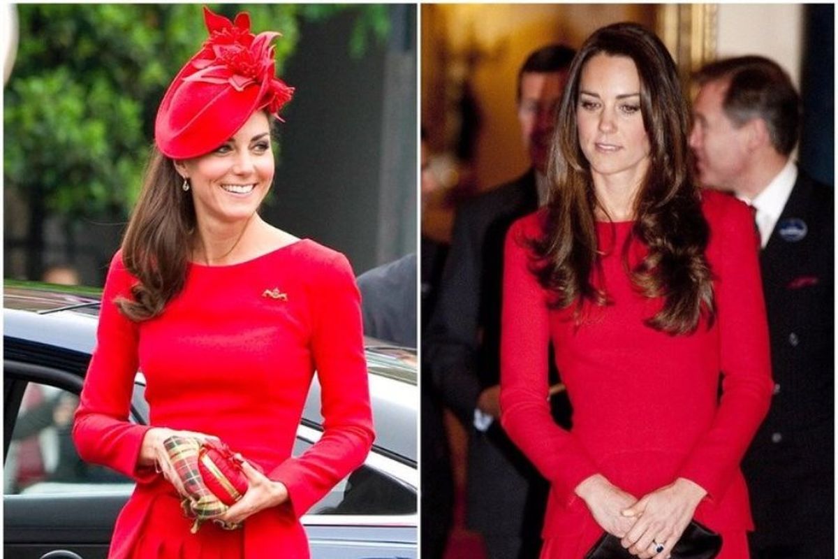 Kate Middleton menggunakan gaun yang sama dalam acara yang berbeda.