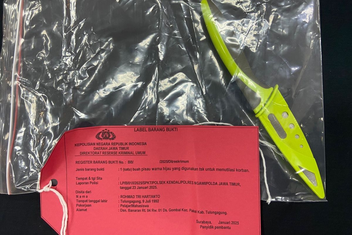 Barang bukti pisau buah yang digunakan tersangka untuk memutilasi korban mayat dalam koper, Minggu (27/1/2025)