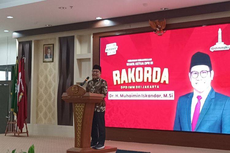 Bakal cawapres dari Koalisi Perubahan, Muhaimin Iskandar (Cak Imin) ketika berbicara di acara acara Rakorda DPP IMM DKI Jakarta di kawasan Senen, Jakarta Pusat, Jumat (27/10/2023).