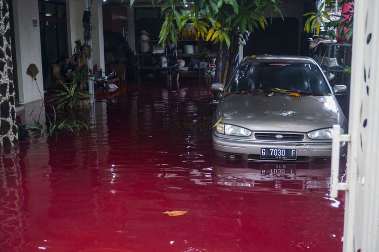 Warga mengamati rumahnya yang tergenang banjir berwarna merah di Jenggot, Pekalongan, Jawa Tengah, Sabtu (6/2/2021). Menurut warga setempat, air banjir berwarna merah itu disebabkan oleh pencemaran limbah pewarna batik berwarna merah karena di lokasi tersebut terdapat ratusan pelaku usaha batik.