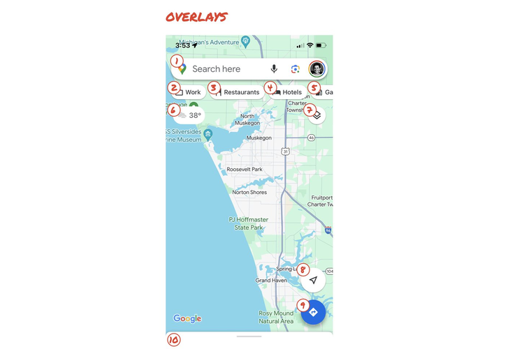 Menu di Google Maps mencakup kolom Search, menu Explore, menu pengganti tampilan peta, dan masih banyak lagi