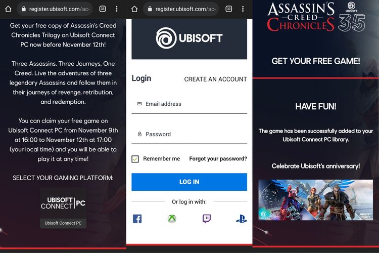 Cara mengklaim game Assassin's Creed Chronicles secara gratis di situs Ubisoft.