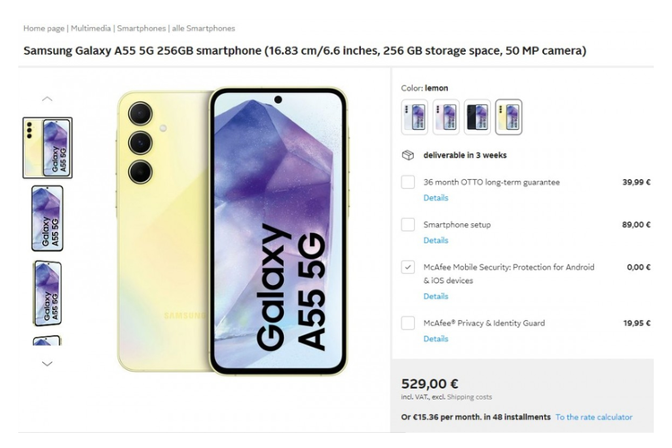 Halaman penjualan Samsung Galaxy A55 5G di situs asal Jerman Otto